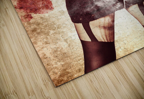 Vintage girl holding smoking German Lugar pistol Jorgo puzzle