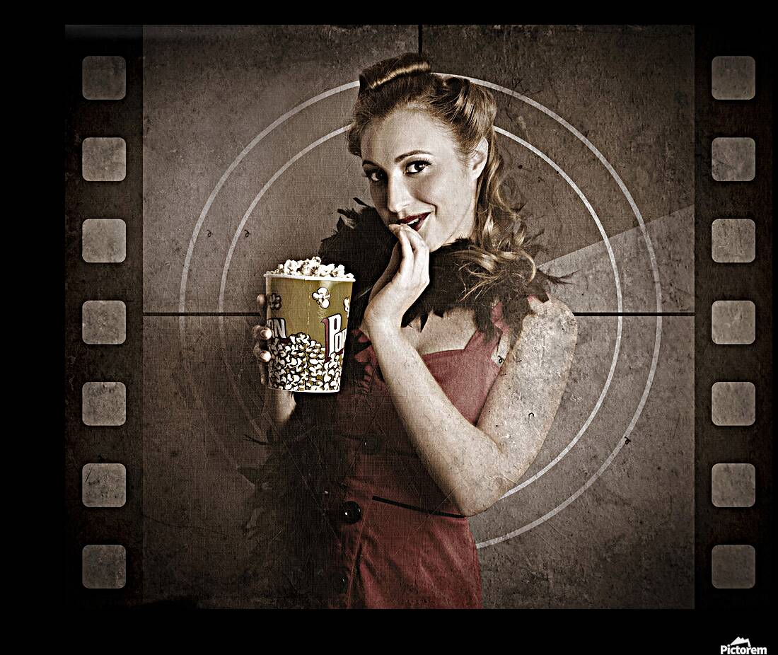 Beautiful Film Actress On Vintage Movie Screen Reproduction