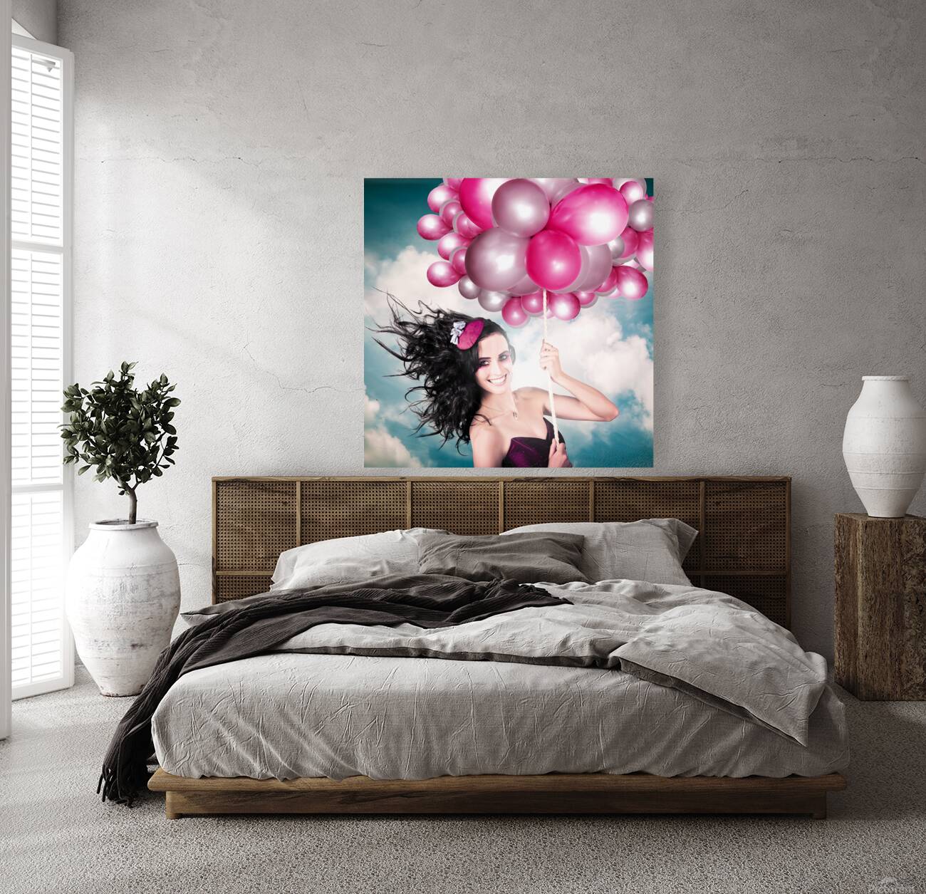 Celebration. Happy Fashion Woman Holding Balloons Reproduction