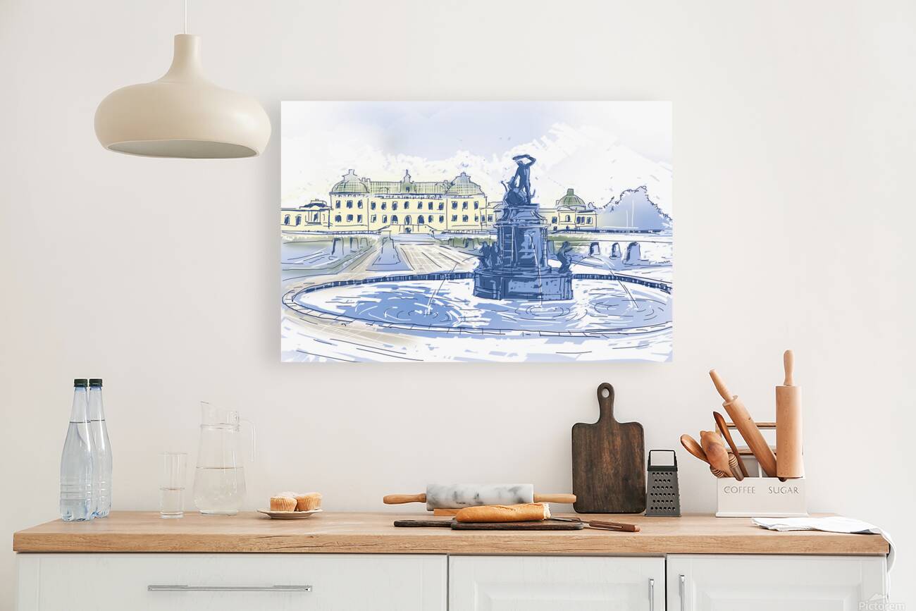 Drottningholms Slott royal palace and fountain Illustration Reproduction