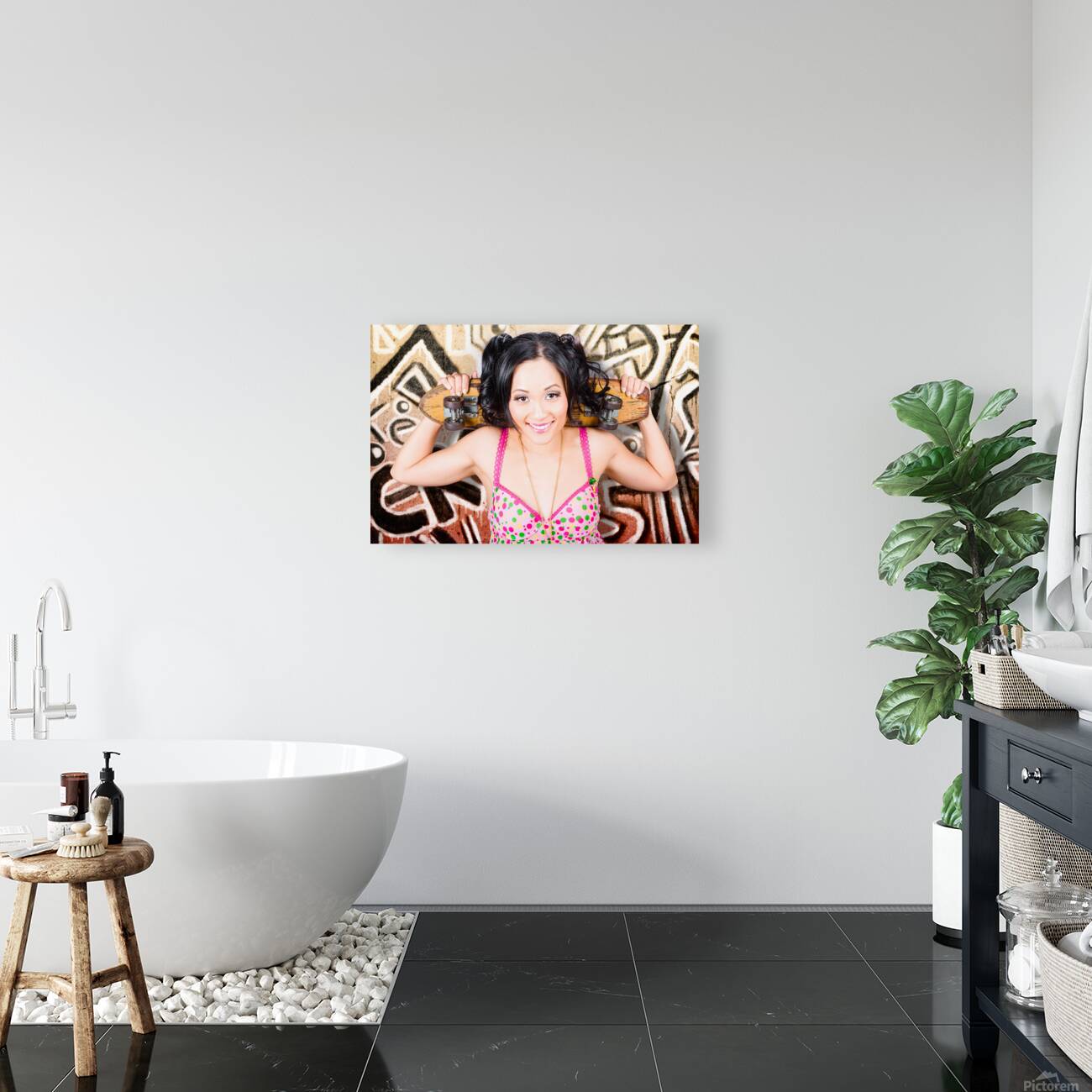 Beautiful skater woman resting against grunge wall Reproduction