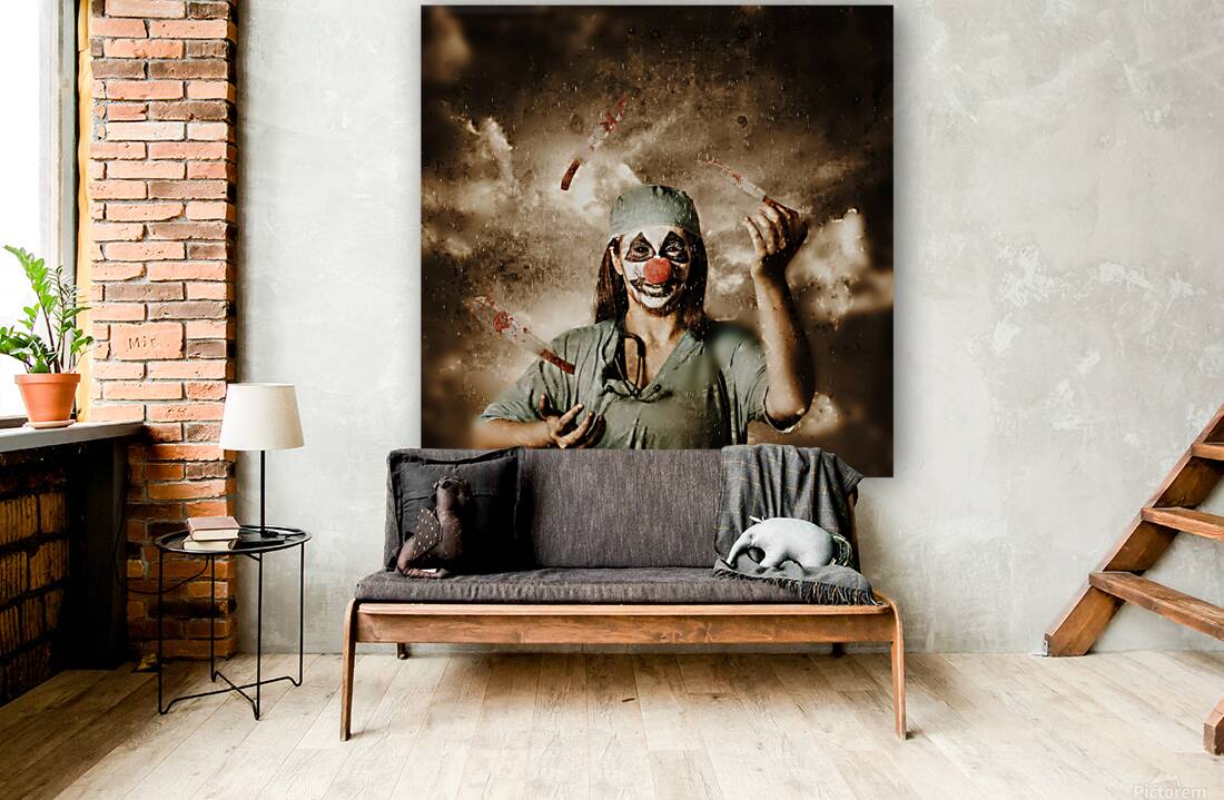 Evil surgeon clown juggling bloody knives outside Reproduction