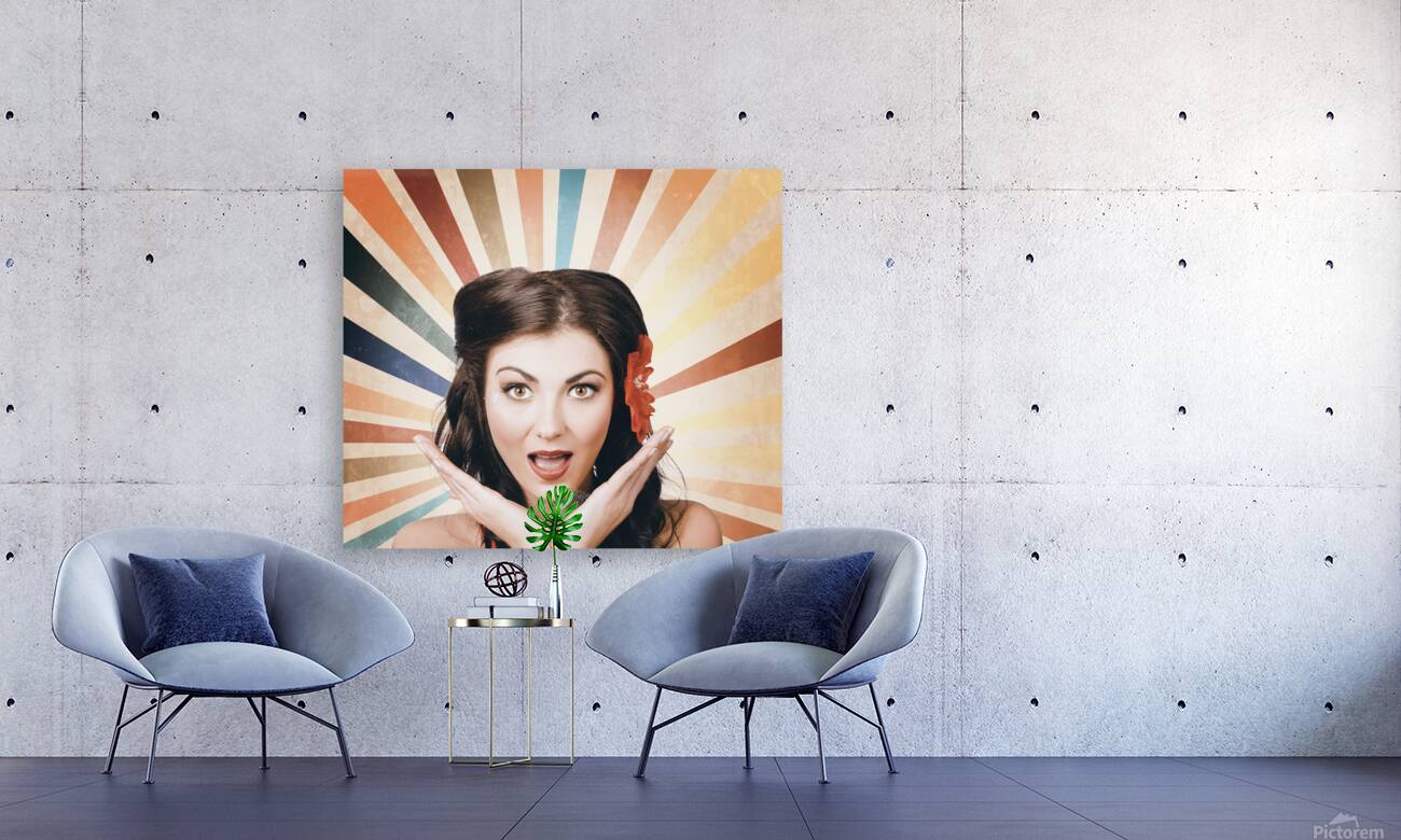 Beautiful retro brunette girl with surprised look Reproduction