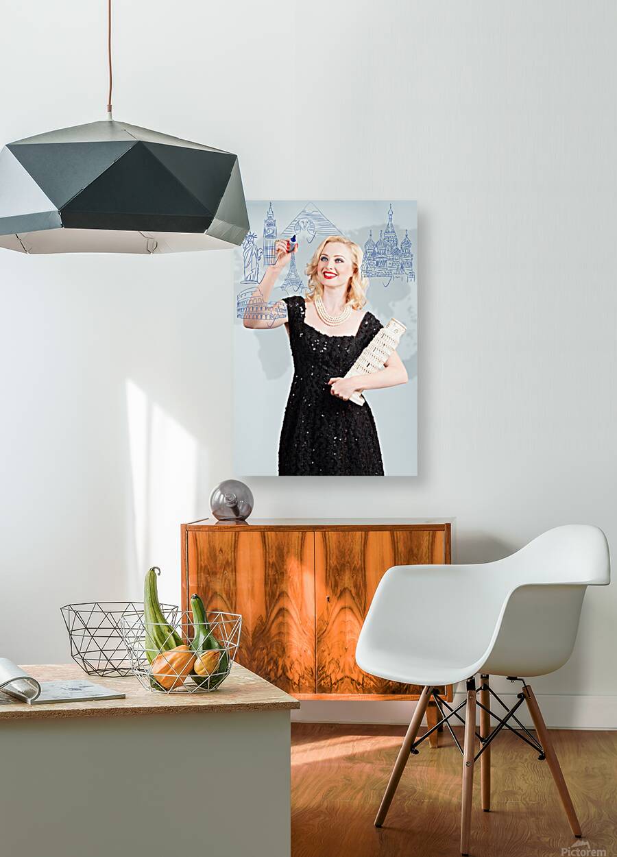 Blond woman drawing a travel landmark illustration Reproduction