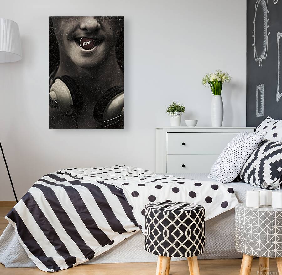 Urban man wearing headphones and beer cap in mouth Reproduction