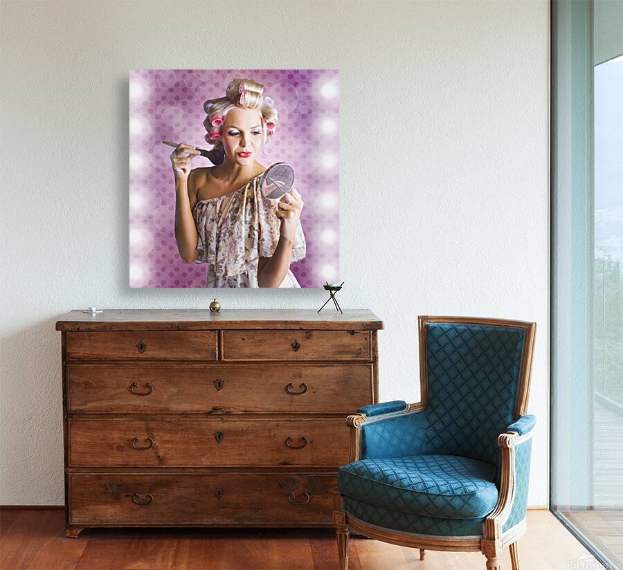 Beautiful Retro Woman Applying Makeup Cosmetics Reproduction