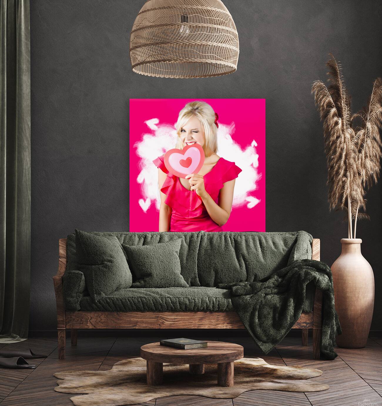 Cute love hungry girl eating big red heart Reproduction