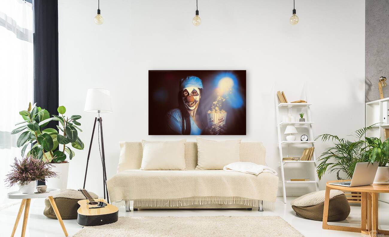 Scary clown watching horror movie in THEATER Reproduction