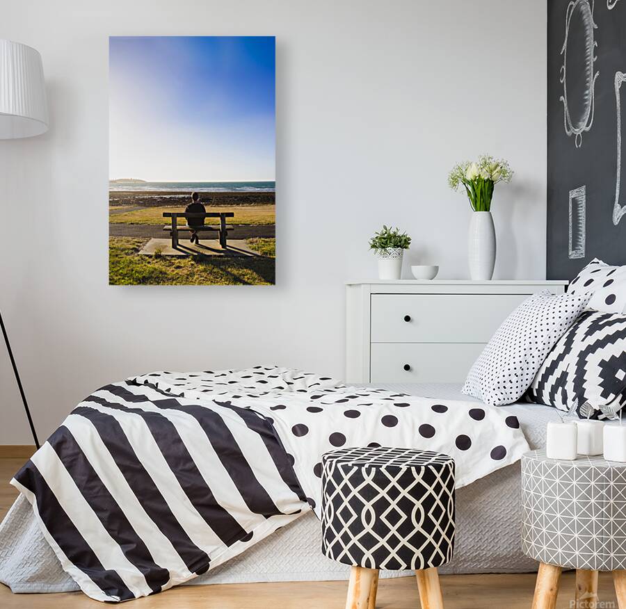 Male tourist enjoying ocean landscape sunset Reproduction