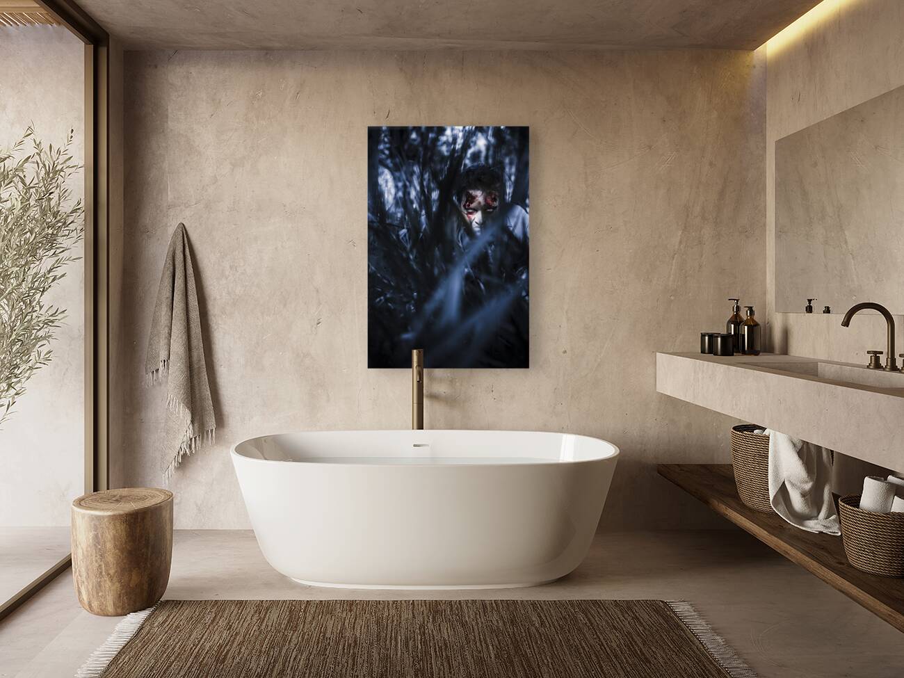 Evil man hiding in silence at dark forest  Reproduction