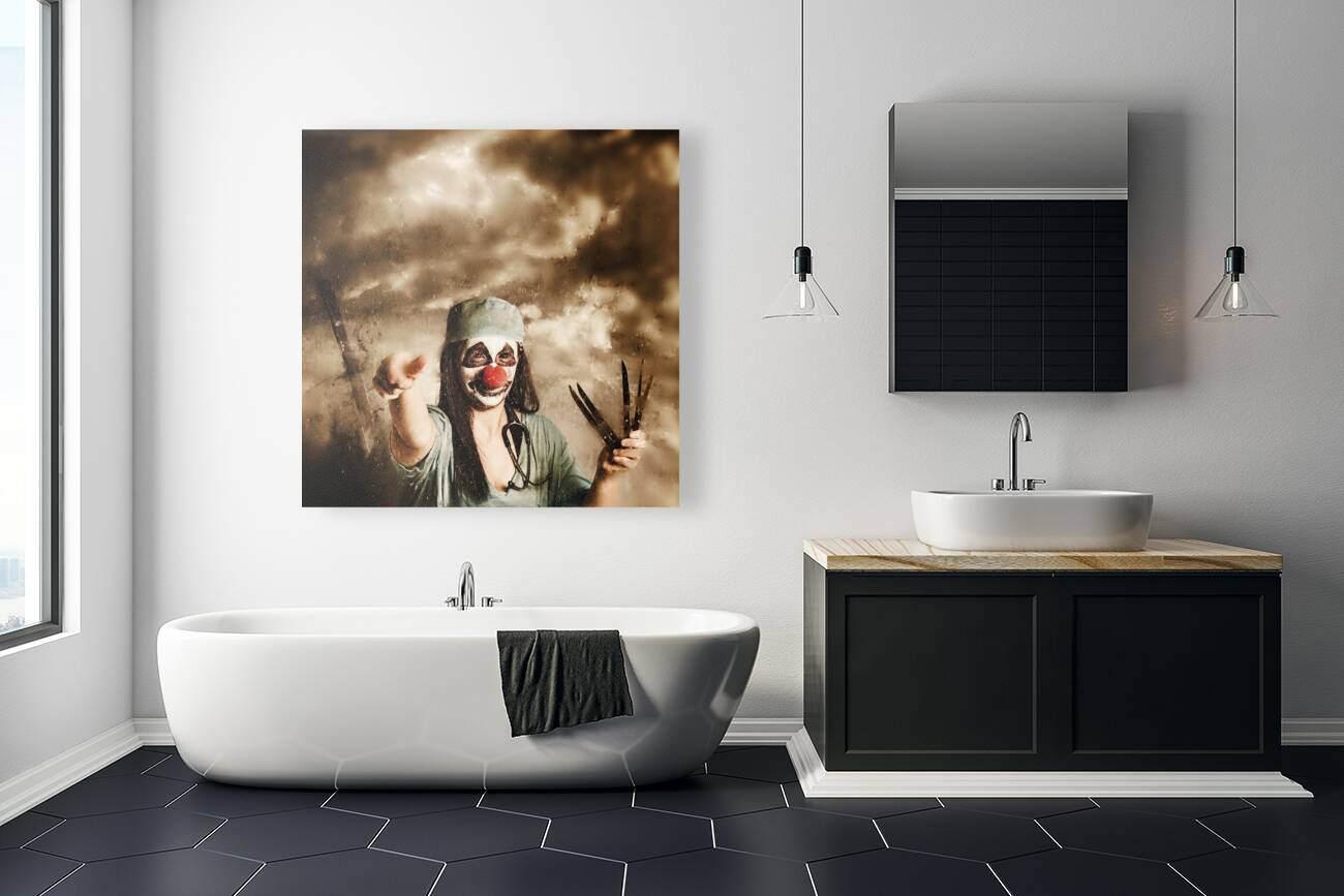 Scary clown doctor throwing knives outdoors Reproduction