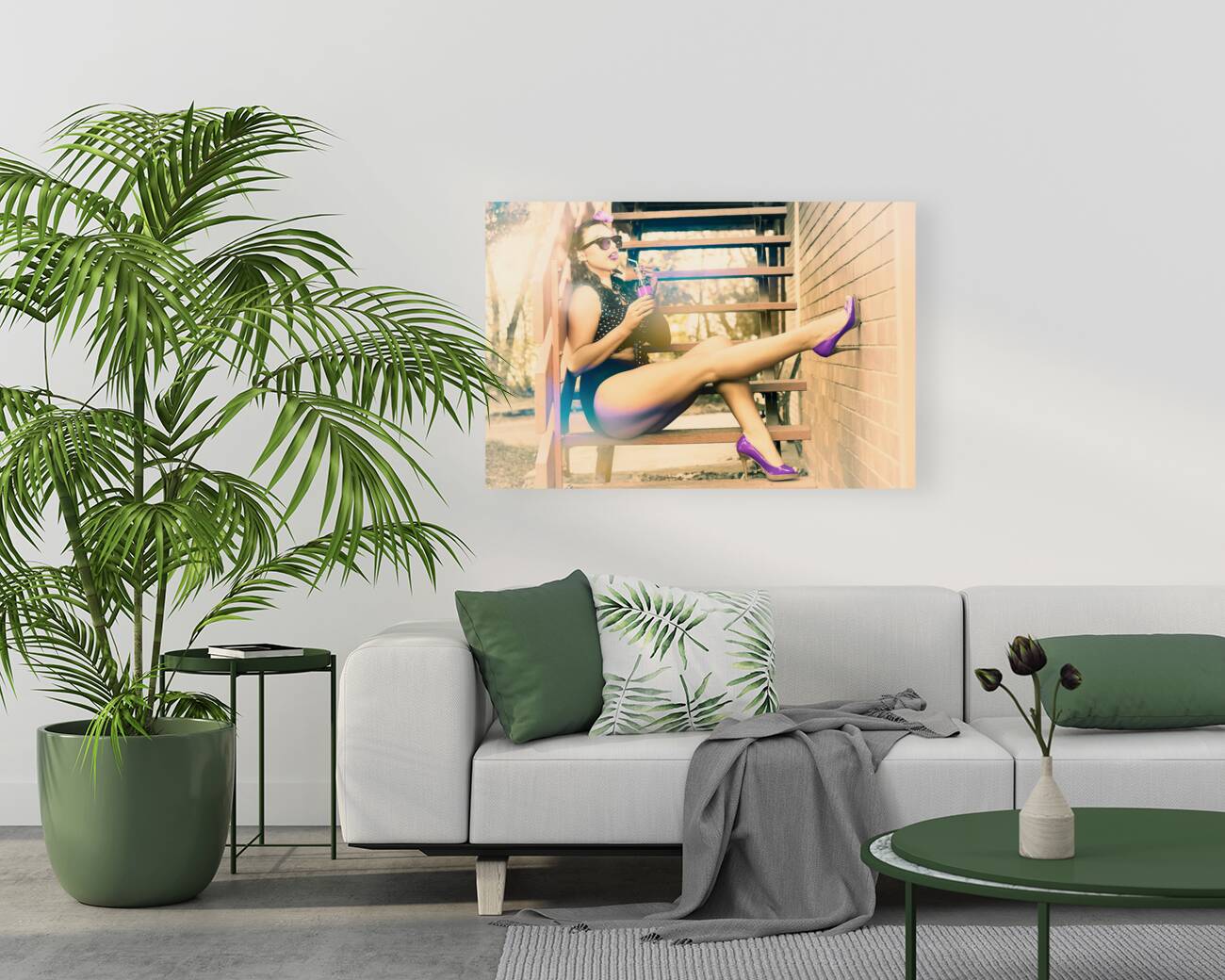 Eighties pinup woman drinking pop art soda Reproduction