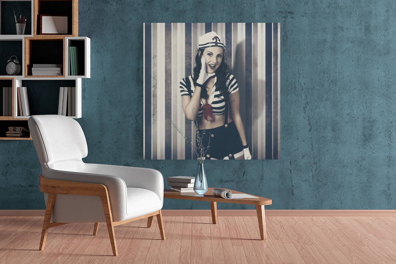 Young retro pinup woman shouting maritime surprise Reproduction