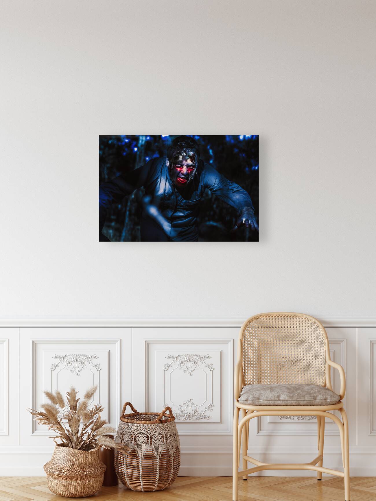 Evil zombie man creeping though black shadows Reproduction