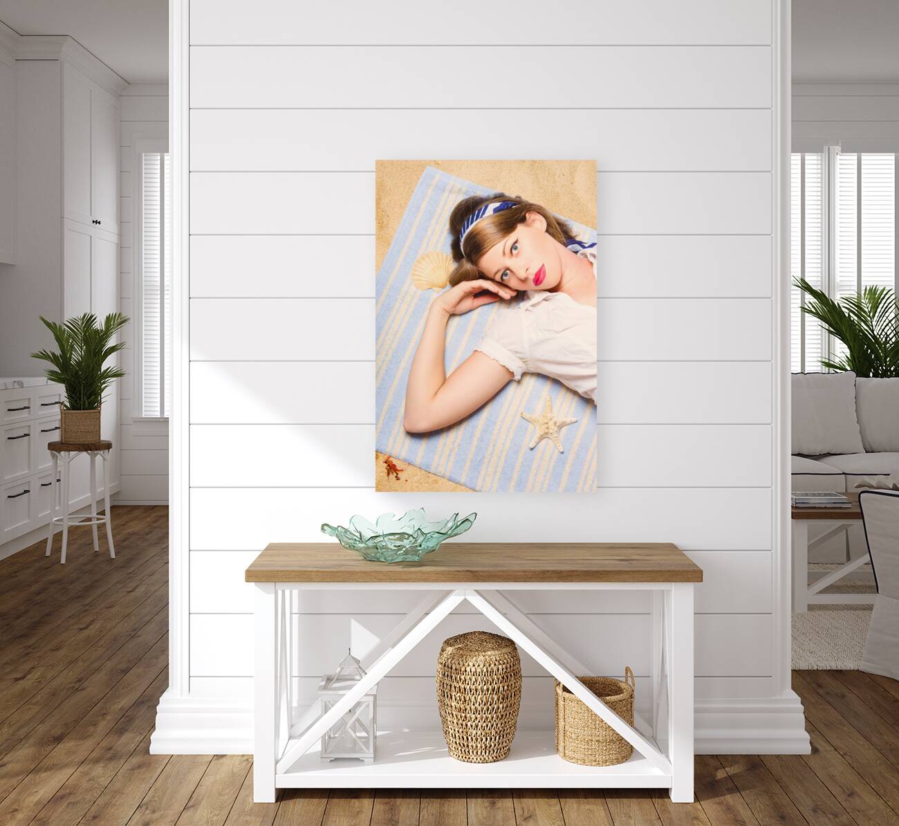 Hot retro pinup girl lying on beach in Australia Reproduction