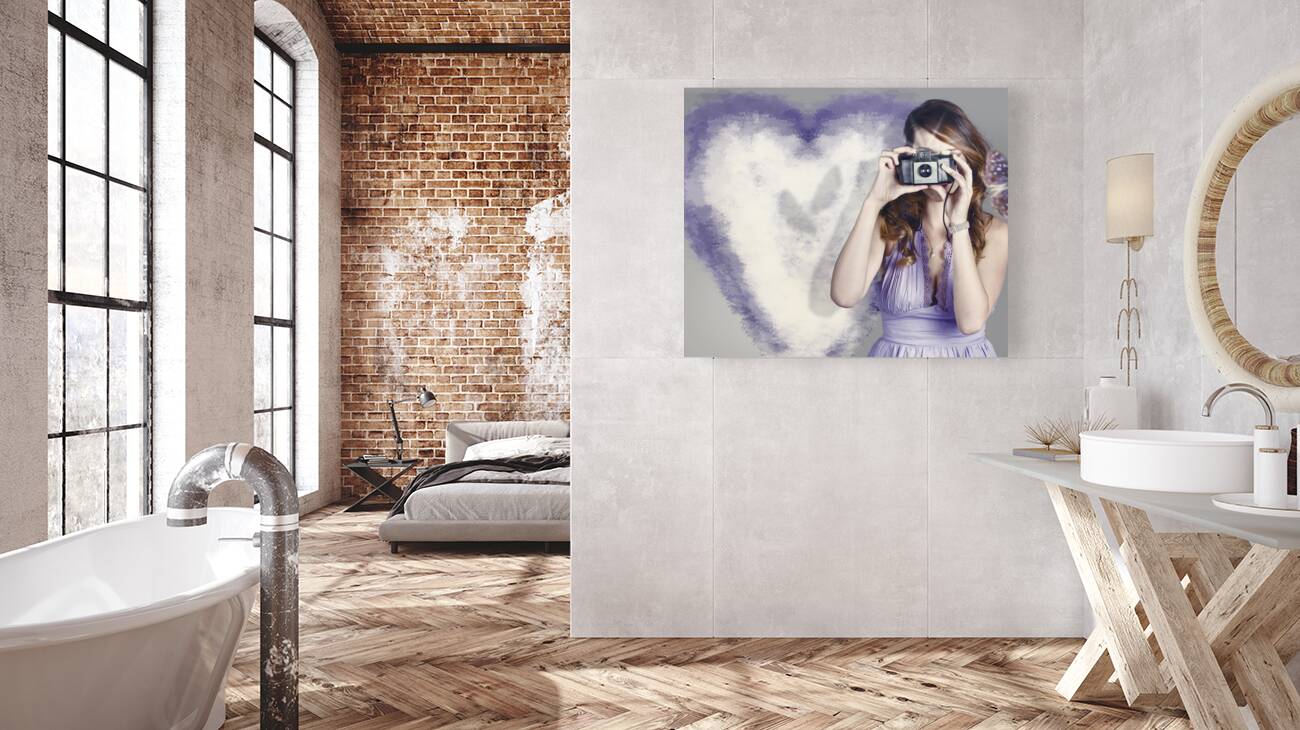 Woman with camera. Love in a still frame capture Reproduction