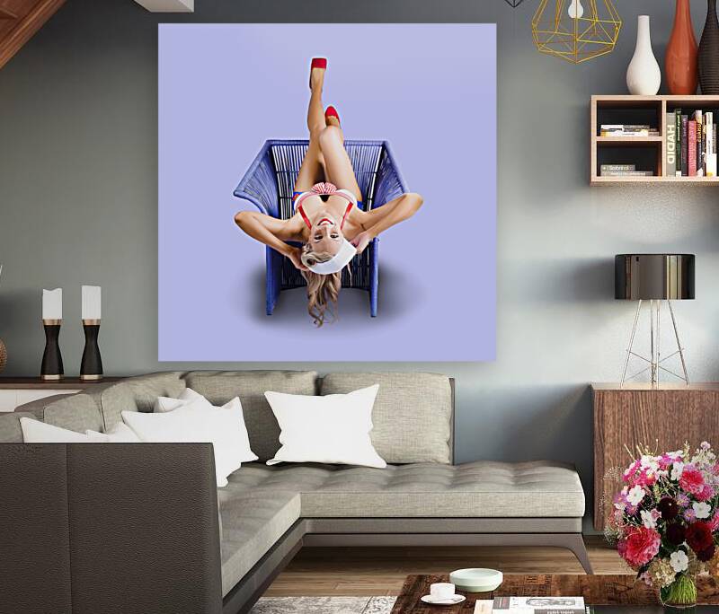 American pinup woman upside down on cane chair Reproduction