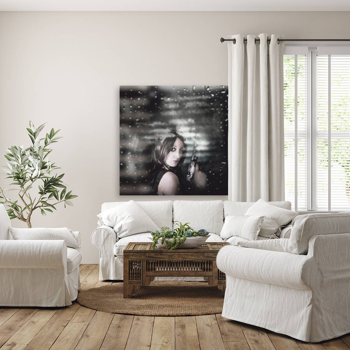 Pretty female spy hiding in shadows with weapon Reproduction