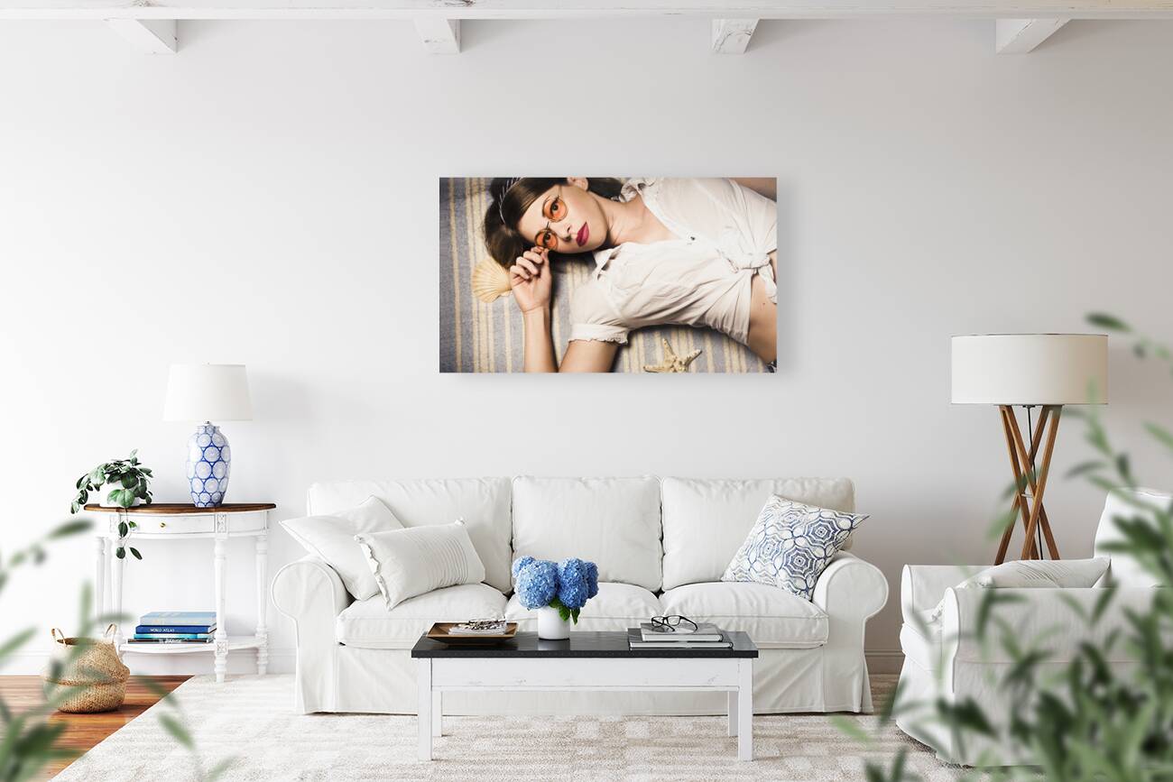 Eyewear fashion model. Pin up woman in sun shades Reproduction