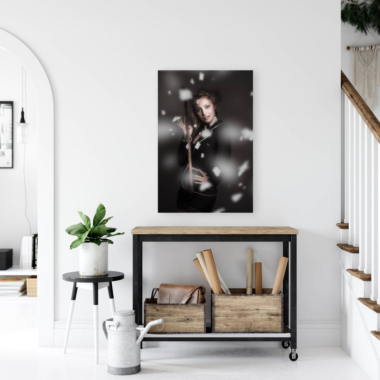 Beautiful vintage girl dancing with flower petals Reproduction