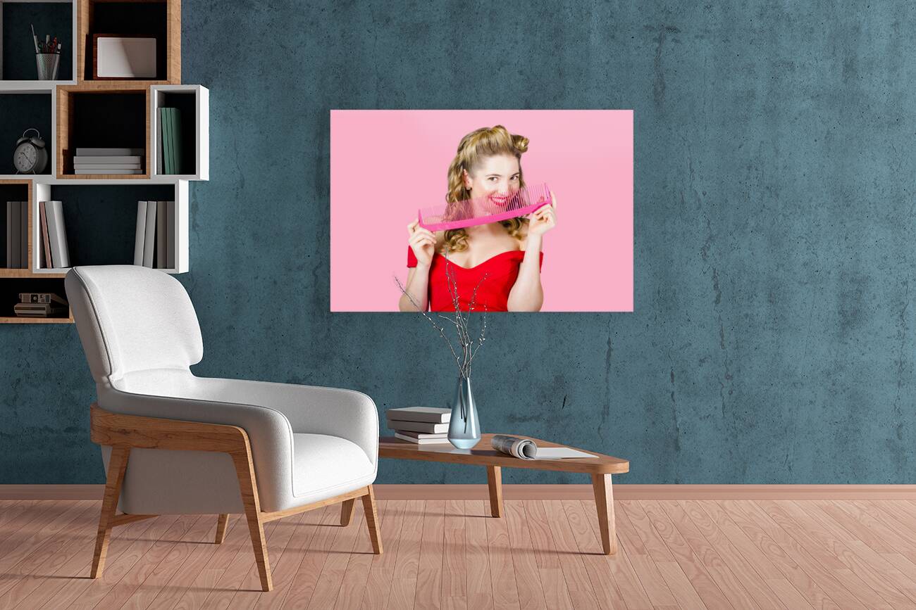 Beauty salon pinup girl smiling with haircare comb Reproduction