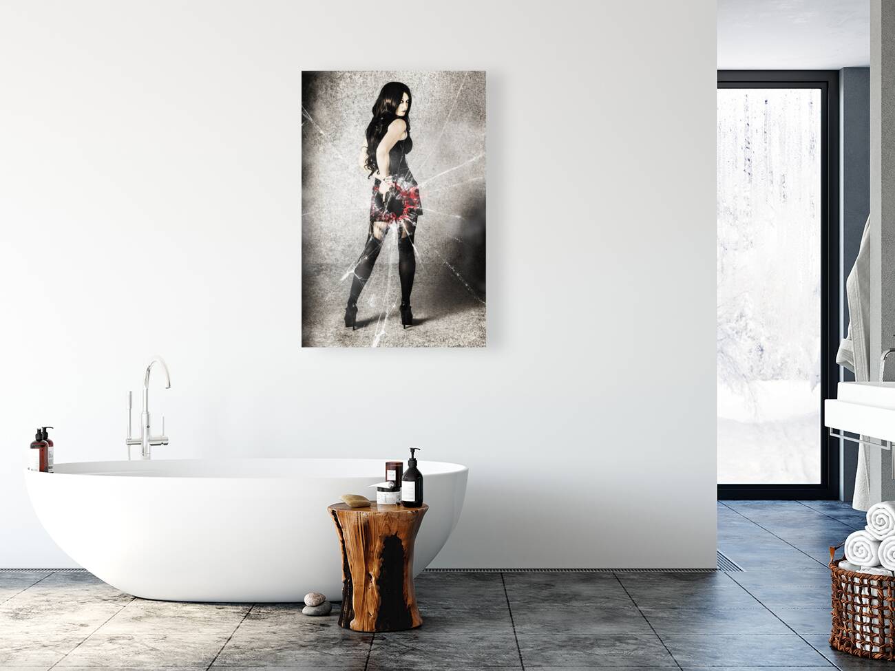 Sexy brunette woman holding gun with deadly style Reproduction