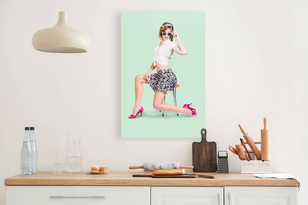 Sexy brunette pin up girl in pink retro fashion Reproduction