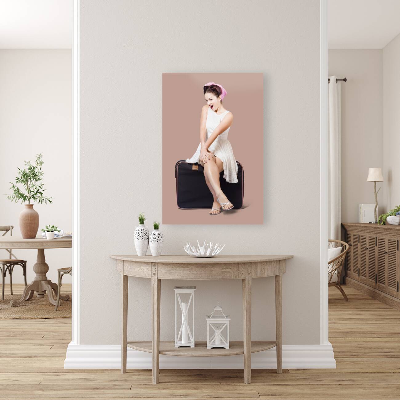 Female pinup travelling tourist sitting on luggage Reproduction