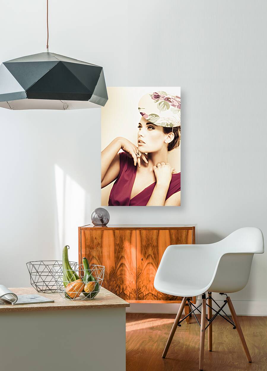 woman wearing v-neck blouse and floral hat Reproduction
