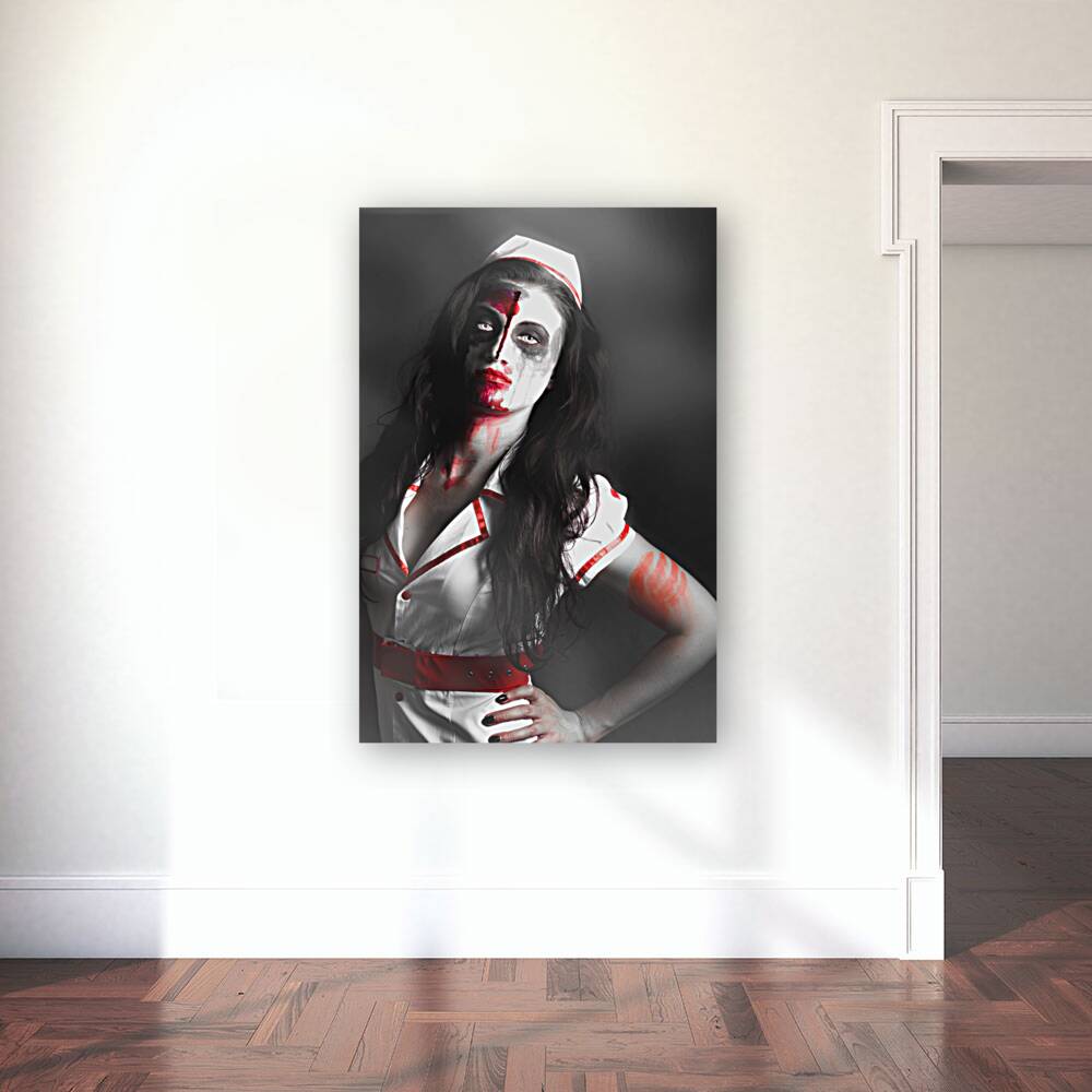 Scary zombie nurse with facial wounds Reproduction