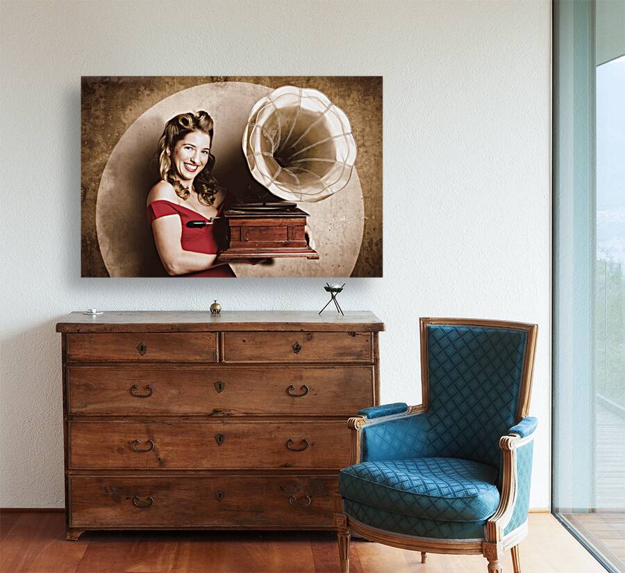 Vintage pin-up girl listening to record player Reproduction