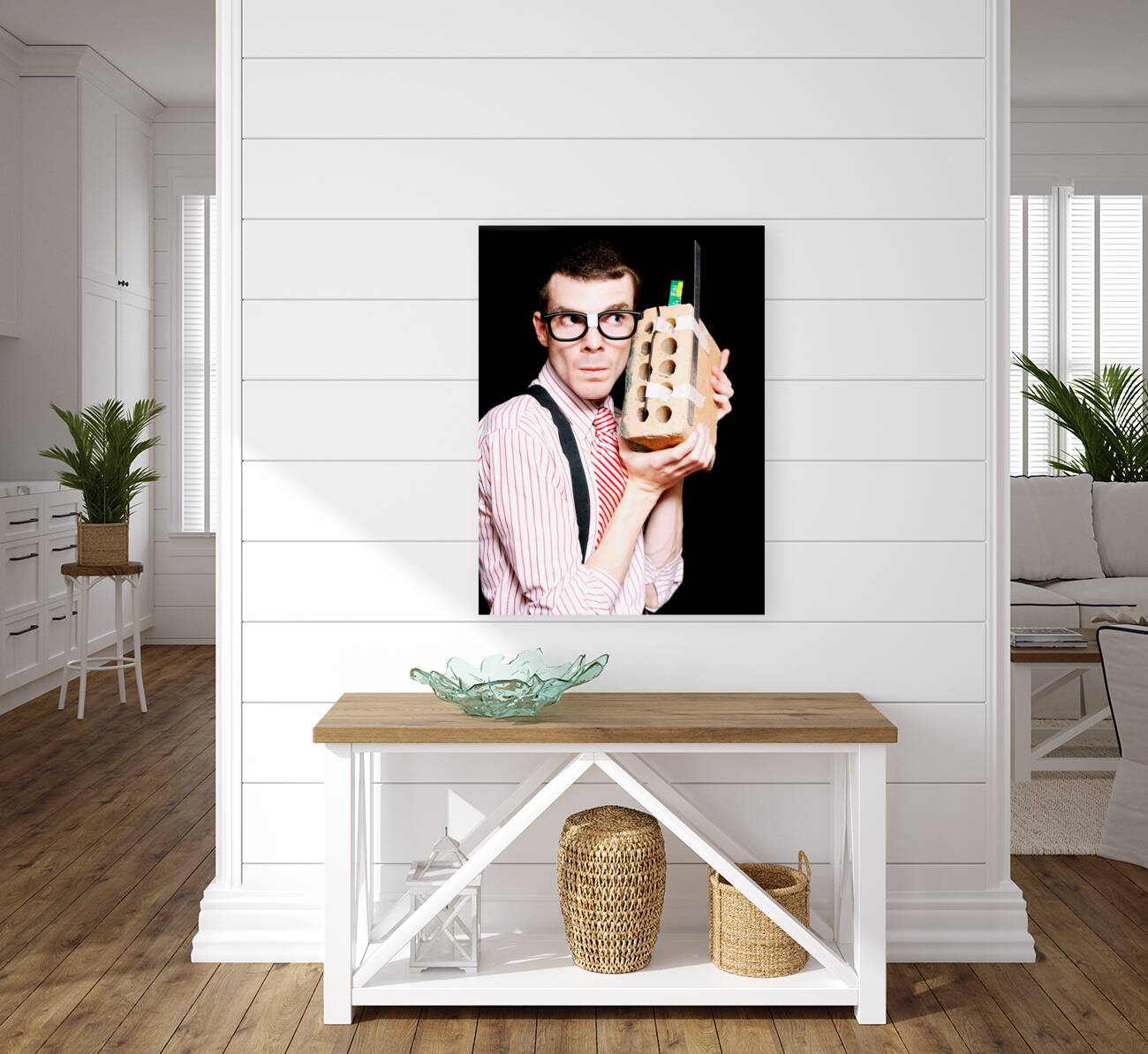 Male Nerd Inventor Holding Brick Mobile Telephone Reproduction