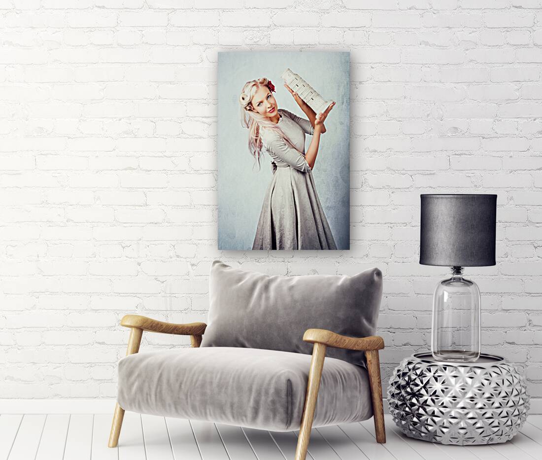 Elegant European Woman Holding Holiday Landmark Reproduction