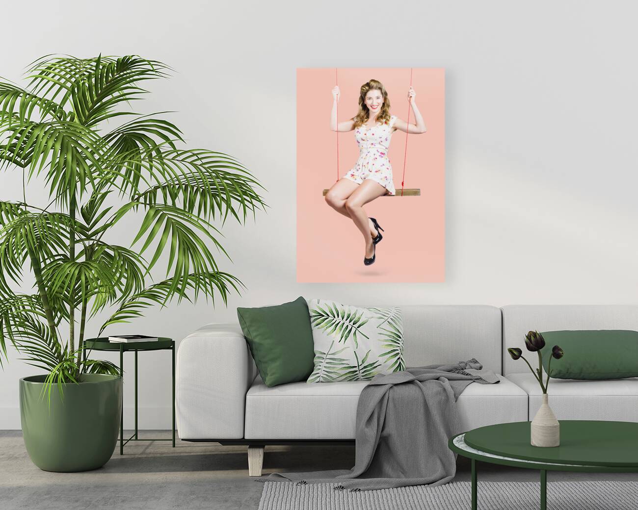 Beautiful fifties pin up girl smiling on swing Reproduction