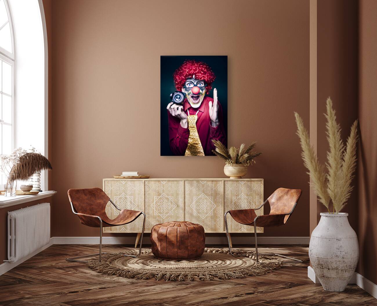 Excited Clown With Camera At Kids Birthday Party Reproduction