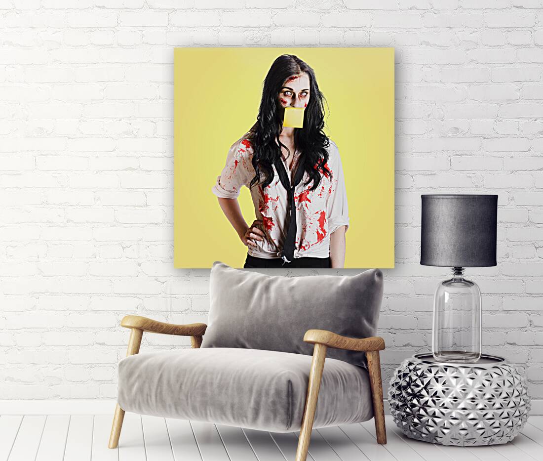 Deceased business woman with memo message on face Reproduction