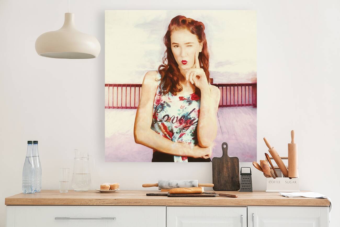 Retro clip art of a thinking pin-up woman Reproduction