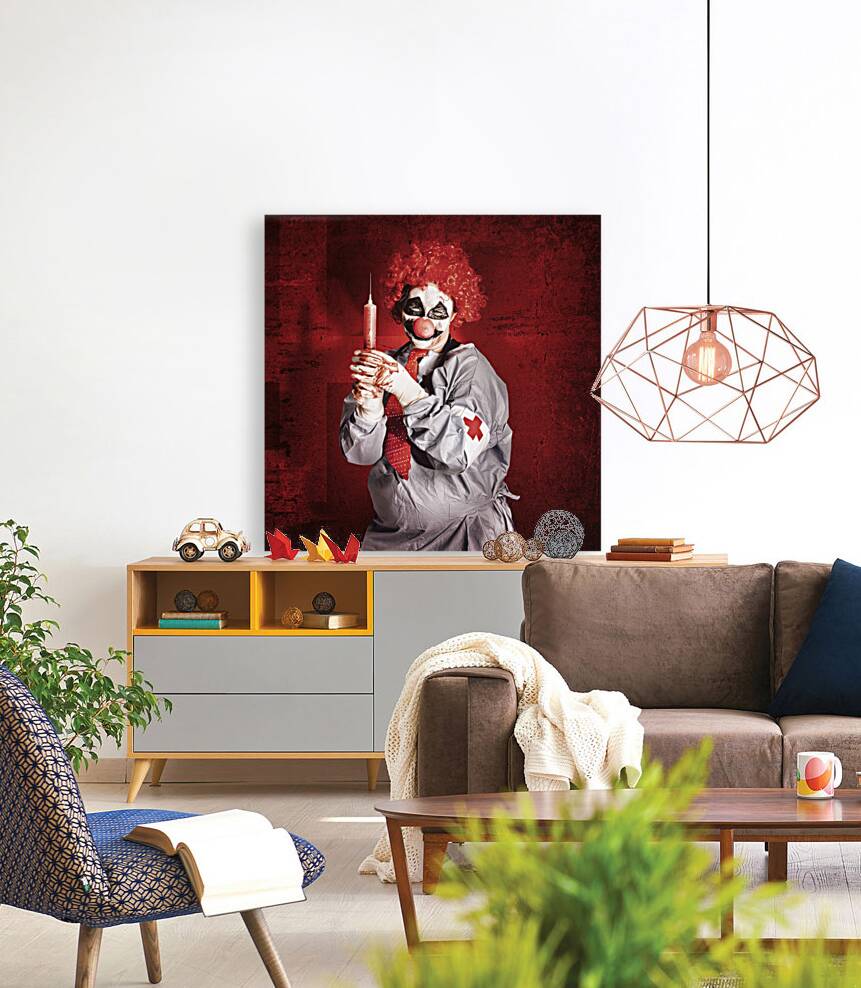 Dr Death clown with big red hypodermic needle Reproduction