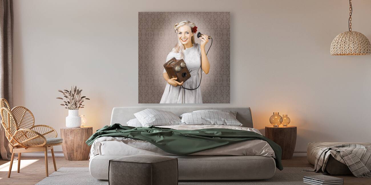 Smiling Vintage Woman Hearing Good News On Phone Reproduction