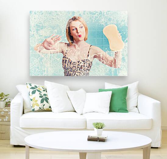 Funny pin up cleaning woman washing bathroom glass Reproduction