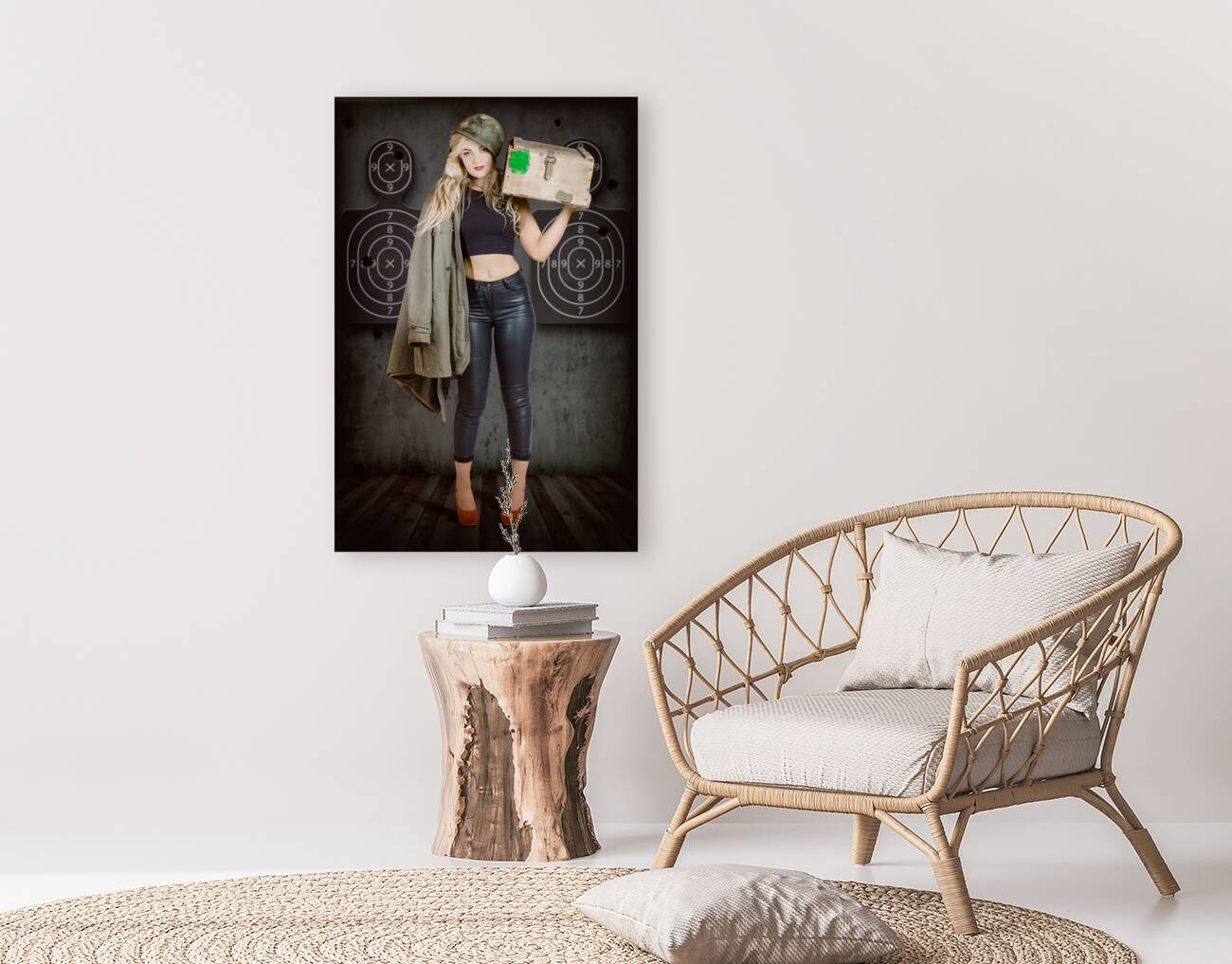 Army pinup girl at rifle range. Bullet proof Reproduction