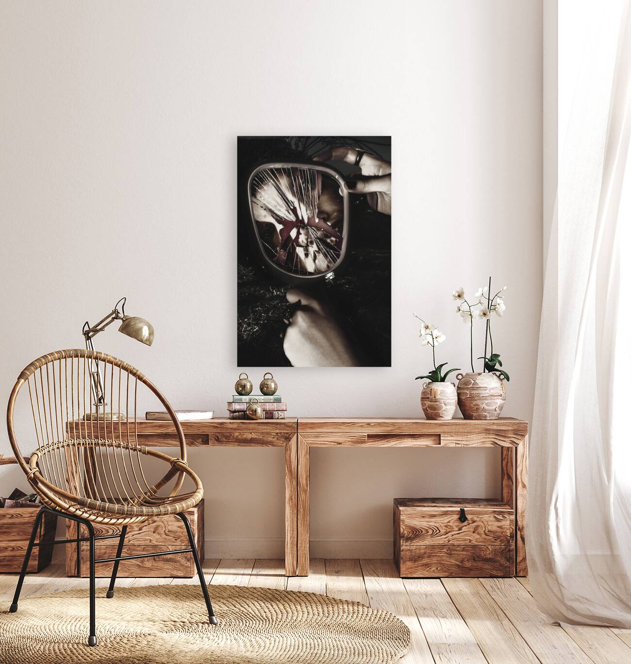 Woman with broken mirror and shattered reflection Reproduction