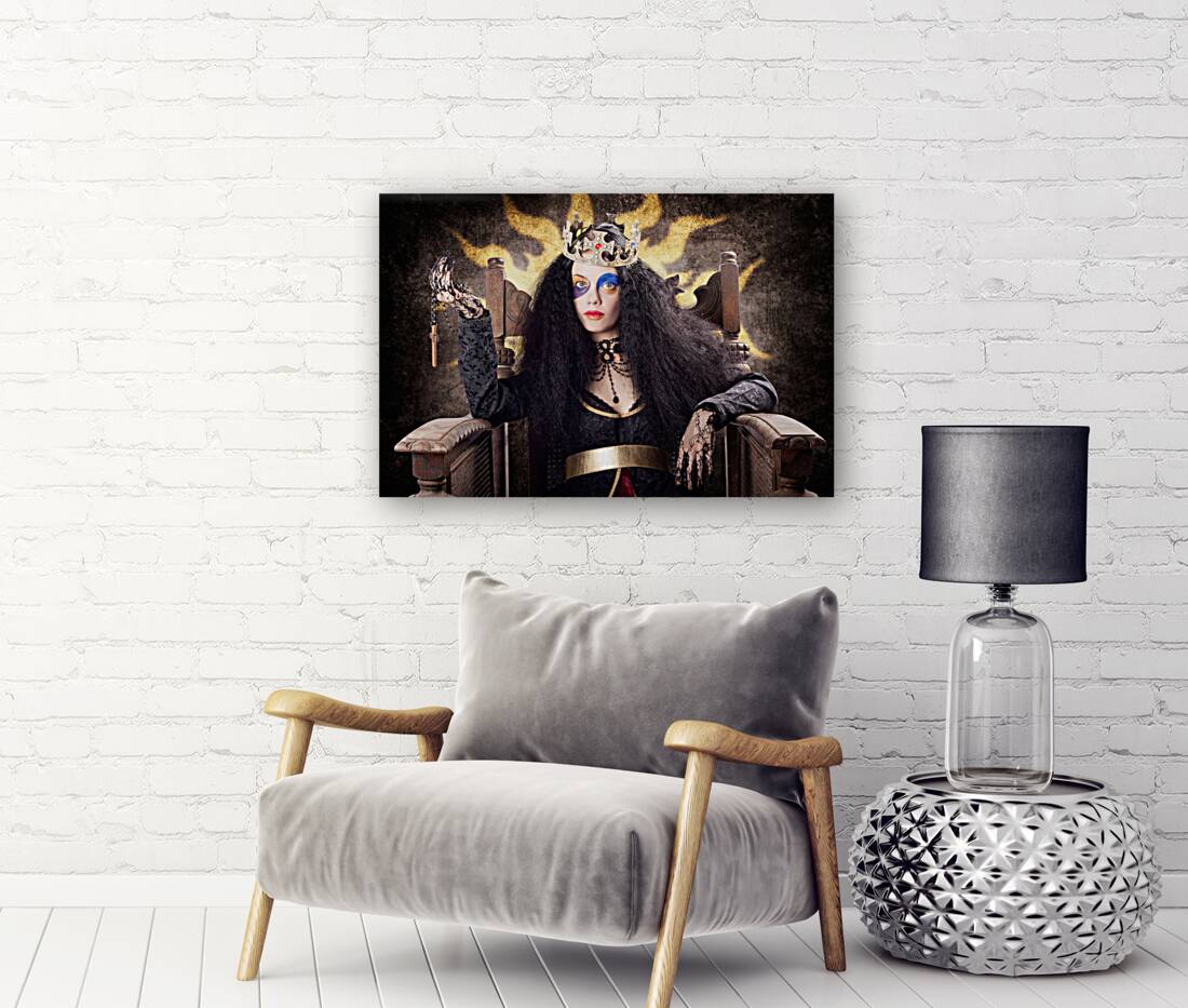 Storybook queen jester holding religious cross Reproduction