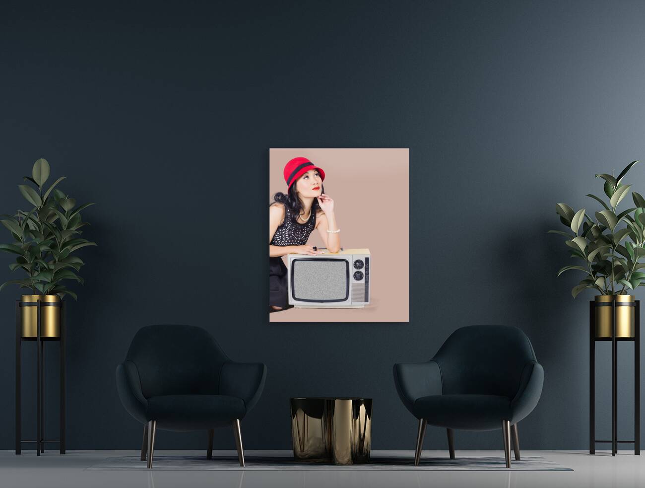 Woman on retro TV. Fifties broadcast Reproduction