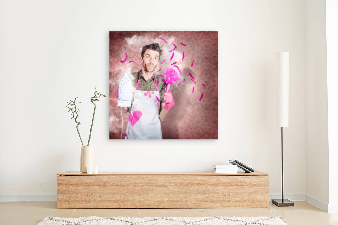 Funny cleaning man doing housework chores Reproduction