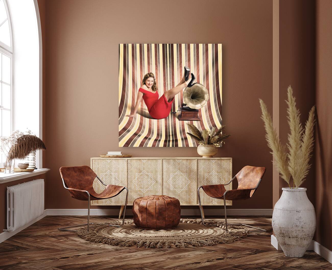 Happy pin up lady. Retro music and entertainment Reproduction