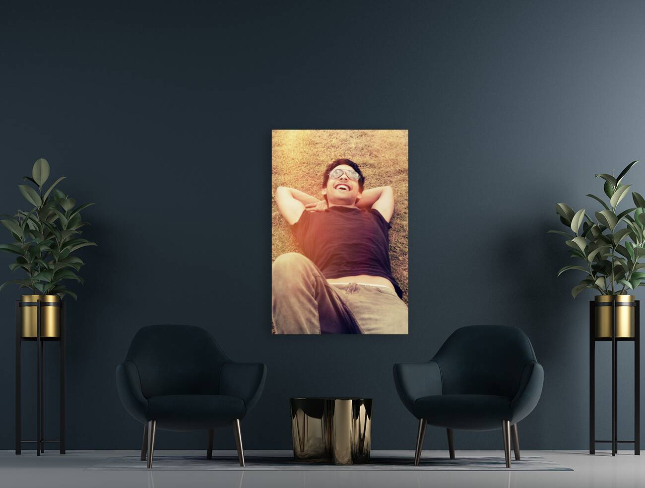 Happy man laughing while enjoying summer holidays Reproduction