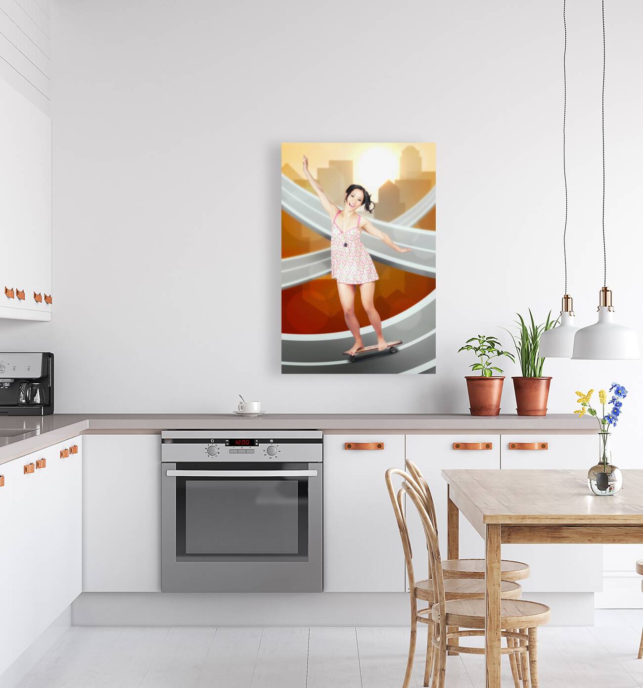 Beautiful smiling skater woman. City skateboarding Reproduction