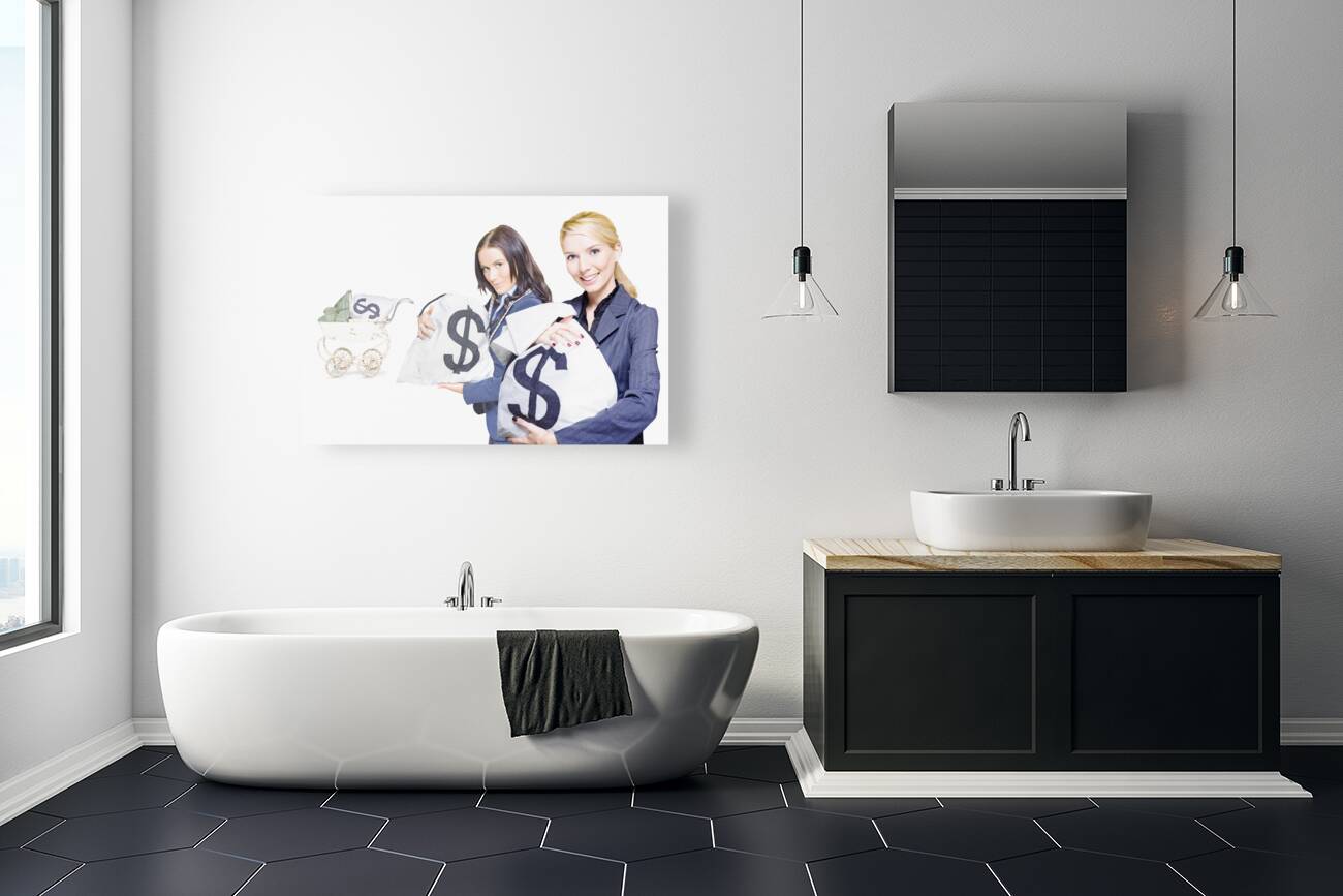 Pretty young business women holding sacks of money Reproduction