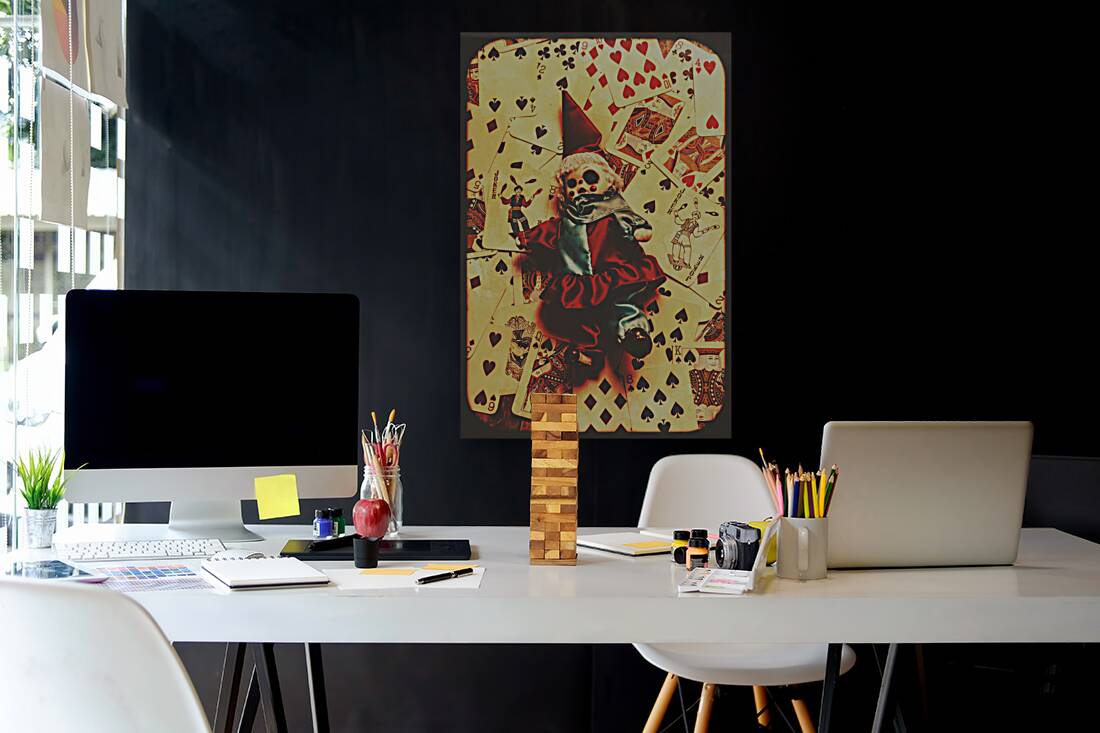 Evil clown doll on playing cards Reproduction